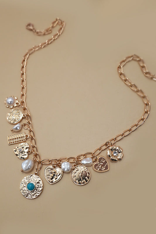 Charm Necklace-pearl Heart Turq Coin Charms