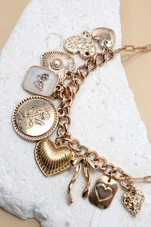 Custer Bow Heart Pearl Link Charm Necklace