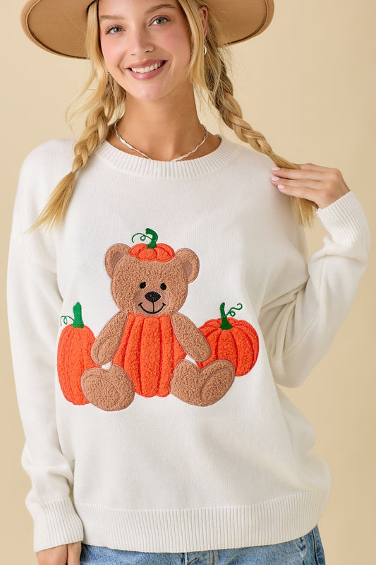 Pumpkin Teddy Bear Patchwork Sweater