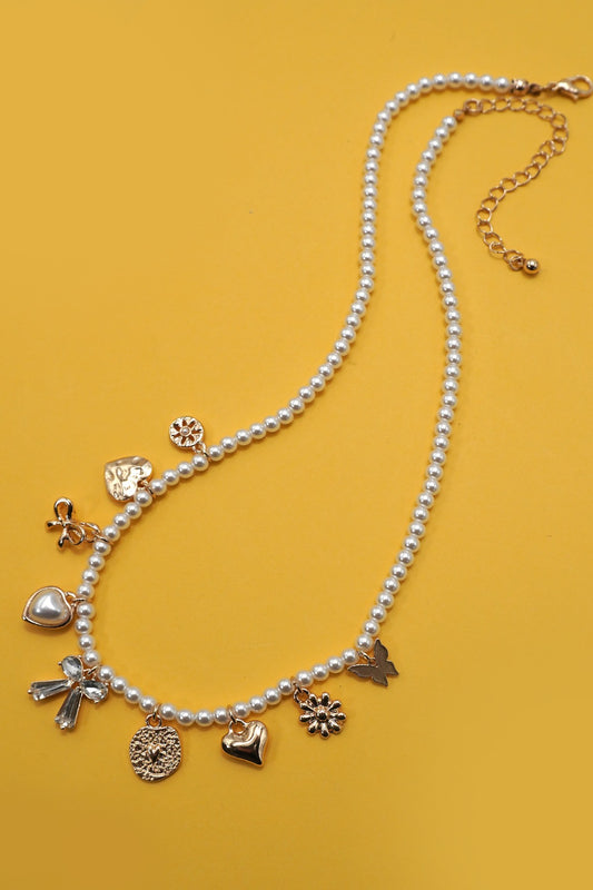 Bow Sunflower Heart Pearl Chain Charm Necklace