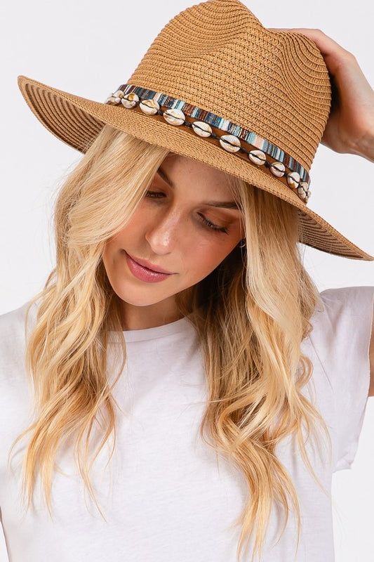 Straw Sun Hat With Shell And Multi Colored Band