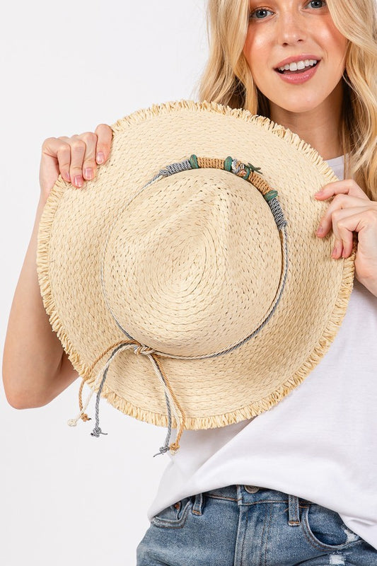 Frayed Straw Sun Hat With Braided Starfish Band