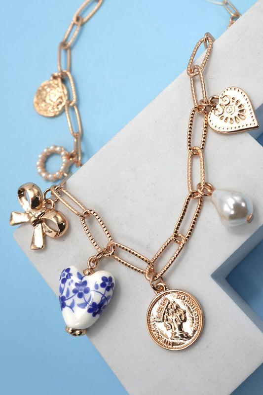 Ceramic Porcelain Bow Heart Charm Necklace