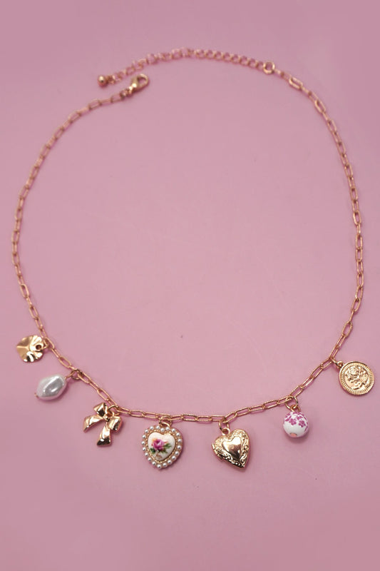 Ceramic Porcelain Bow Heart Charm Link Necklace