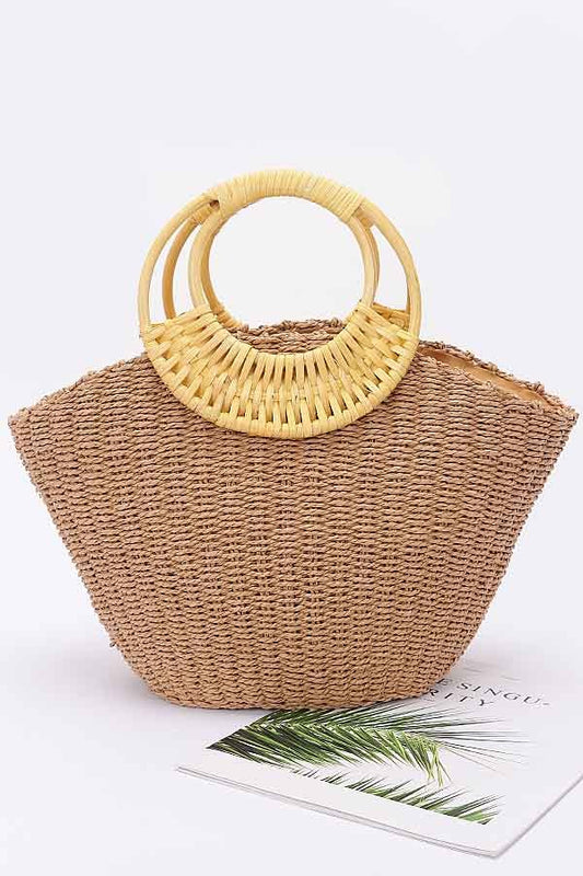 Faux Straw Bamboo Handle Tote Bag