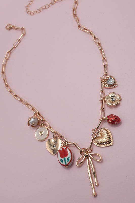 Bow Toile Floral Heart Rhinestone Charm Necklace