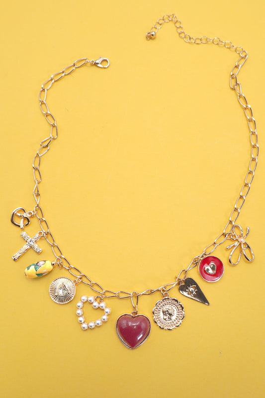 Bow Toile Floral Red Heart Cross Charm Necklace