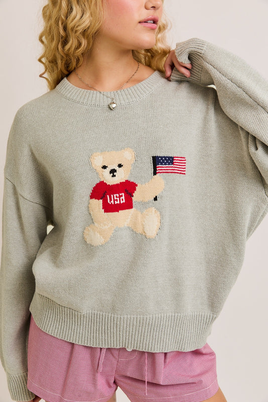 Teddy Bear W/ USA Flag Long Sleeve Crew Neck Sweater