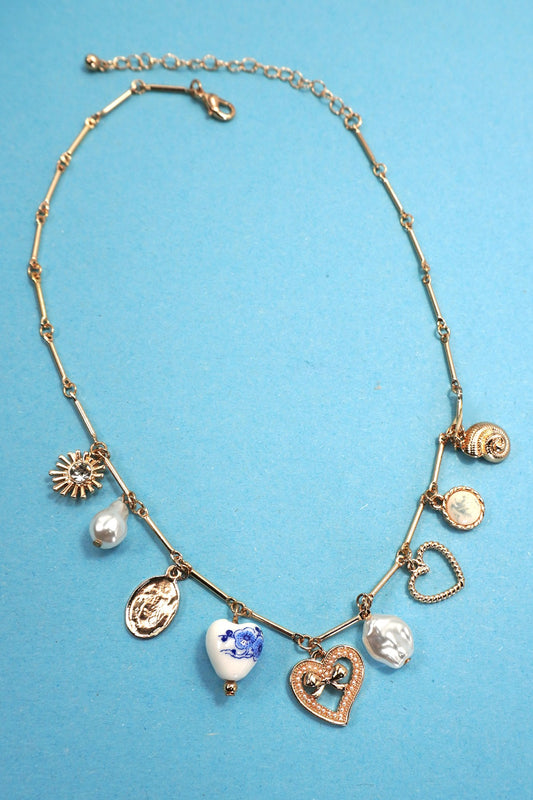 Ceramic Porcelain Heart Pearl Charm Necklace