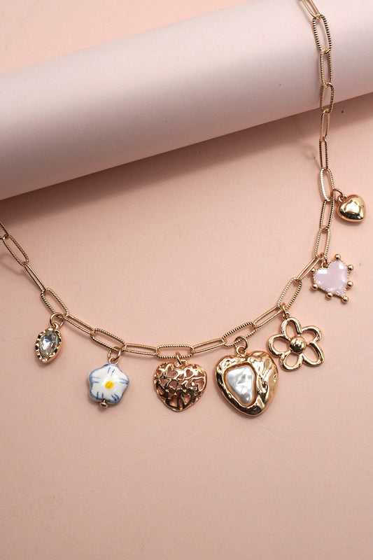 Porcelain Heart Flower Charm Necklace