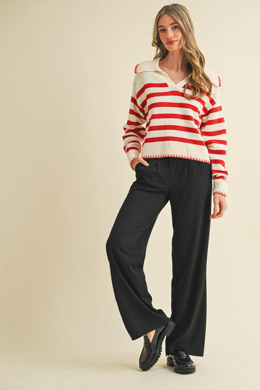 Striped Collared Sweater w/ Blanket Stitch