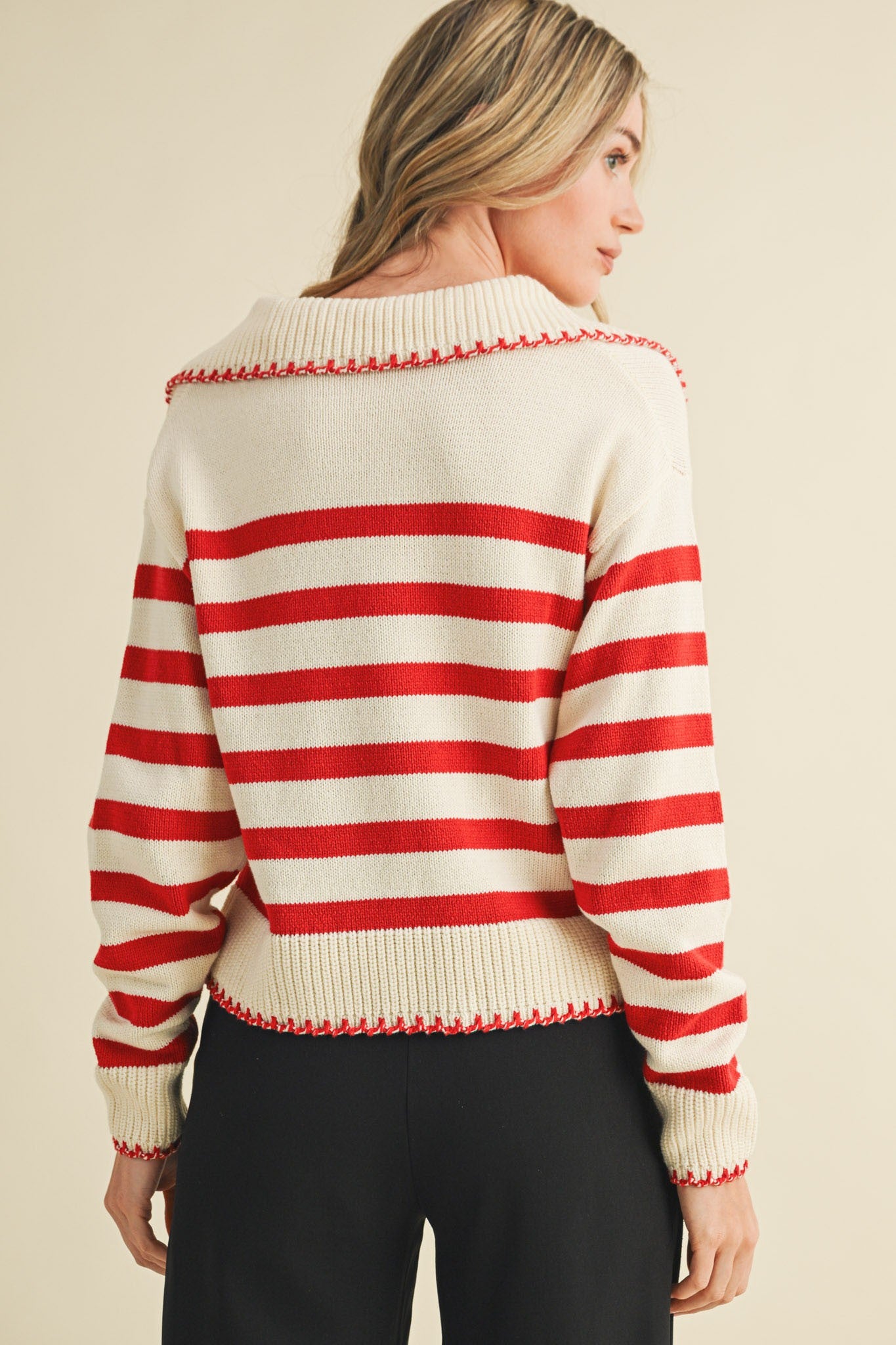 Striped Collared Sweater w/ Blanket Stitch