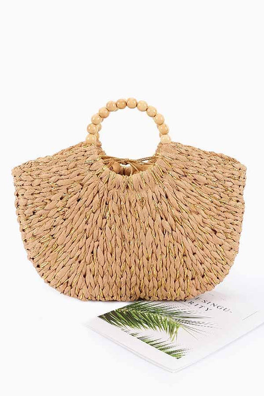 Handmade Faux Straw Wood Beads Handle Tote Bag