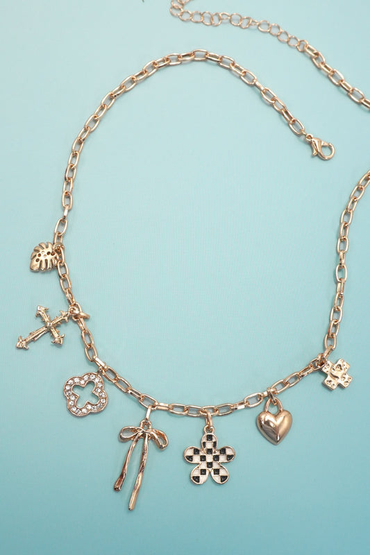 Bow Checker Flower Heart Charm Necklace