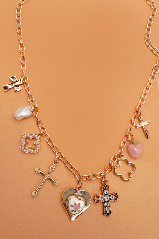 Clover Cross Porcelain Flower Charm Necklace