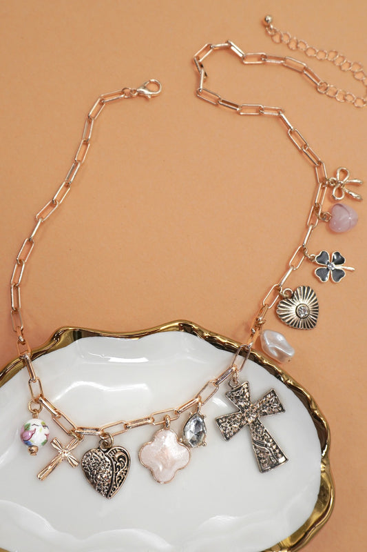 Clover Cross Heart Bow Porcelain Heart Necklace