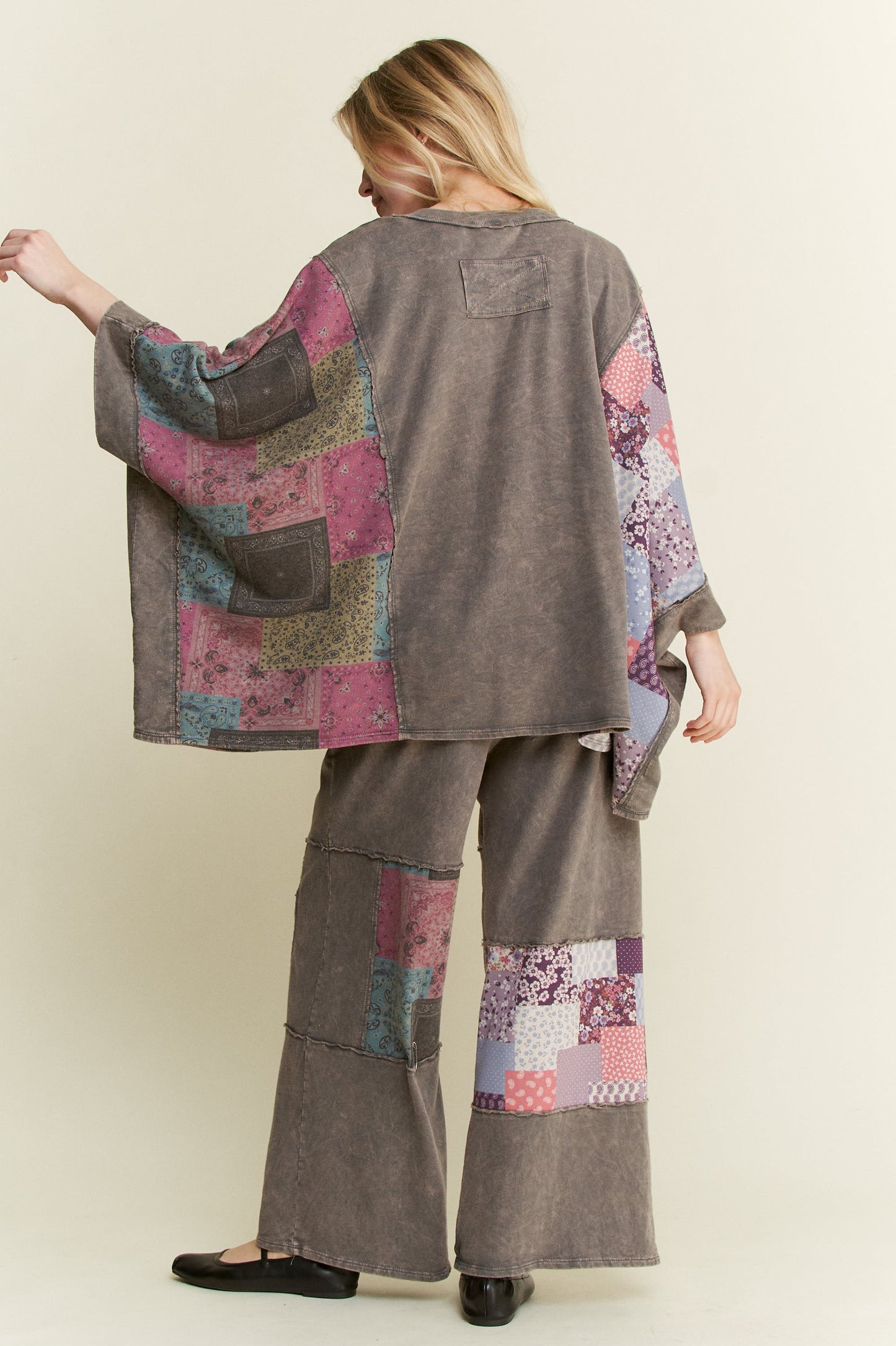 Mineral Washed Boho Patch Poncho Top