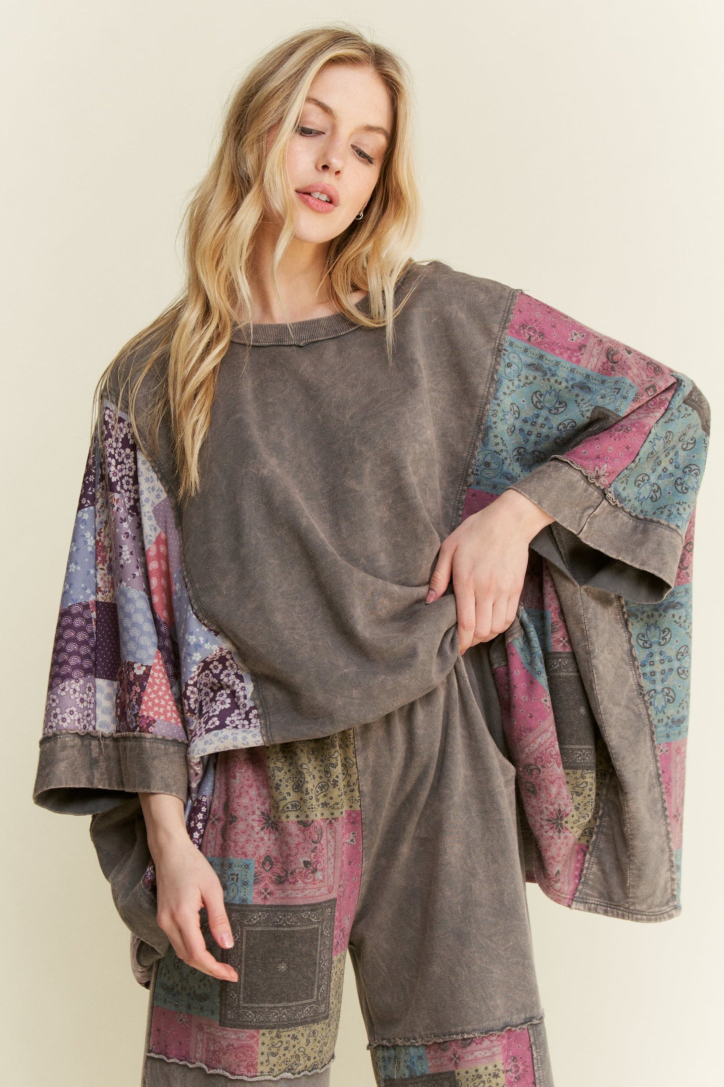 Mineral Washed Boho Patch Poncho Top