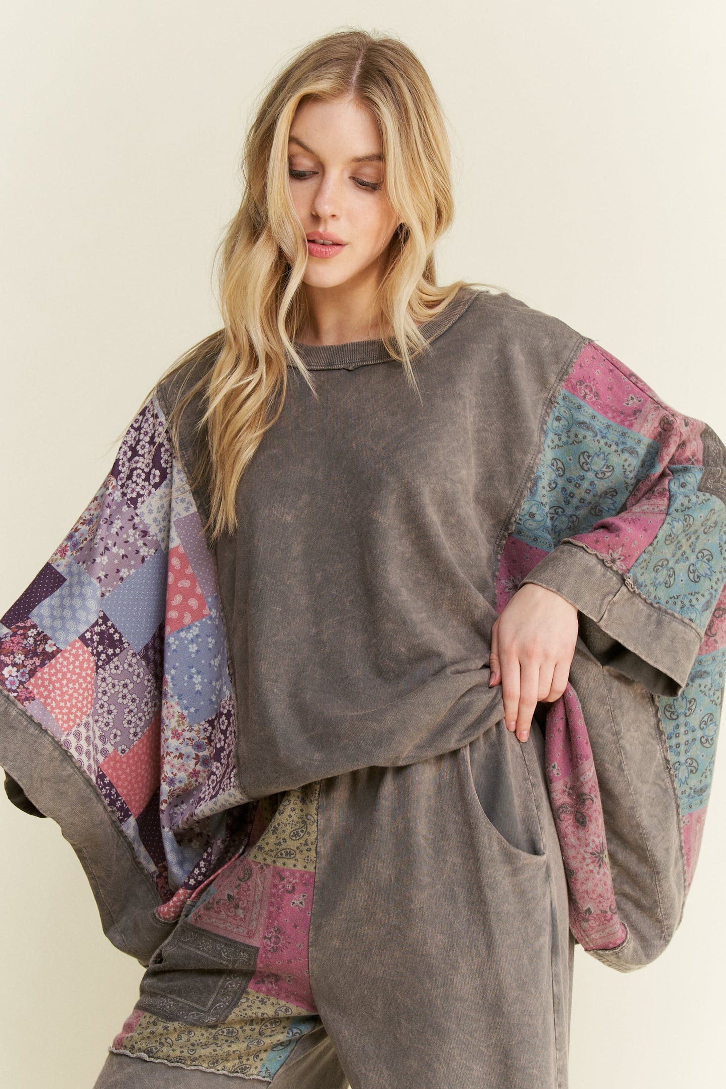 Mineral Washed Boho Patch Poncho Top