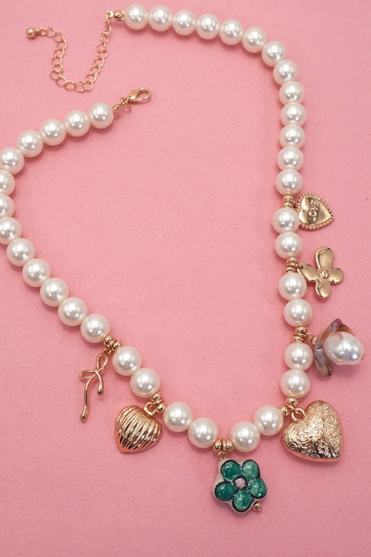 Heart Porcelain Flower Bow Charm Necklace