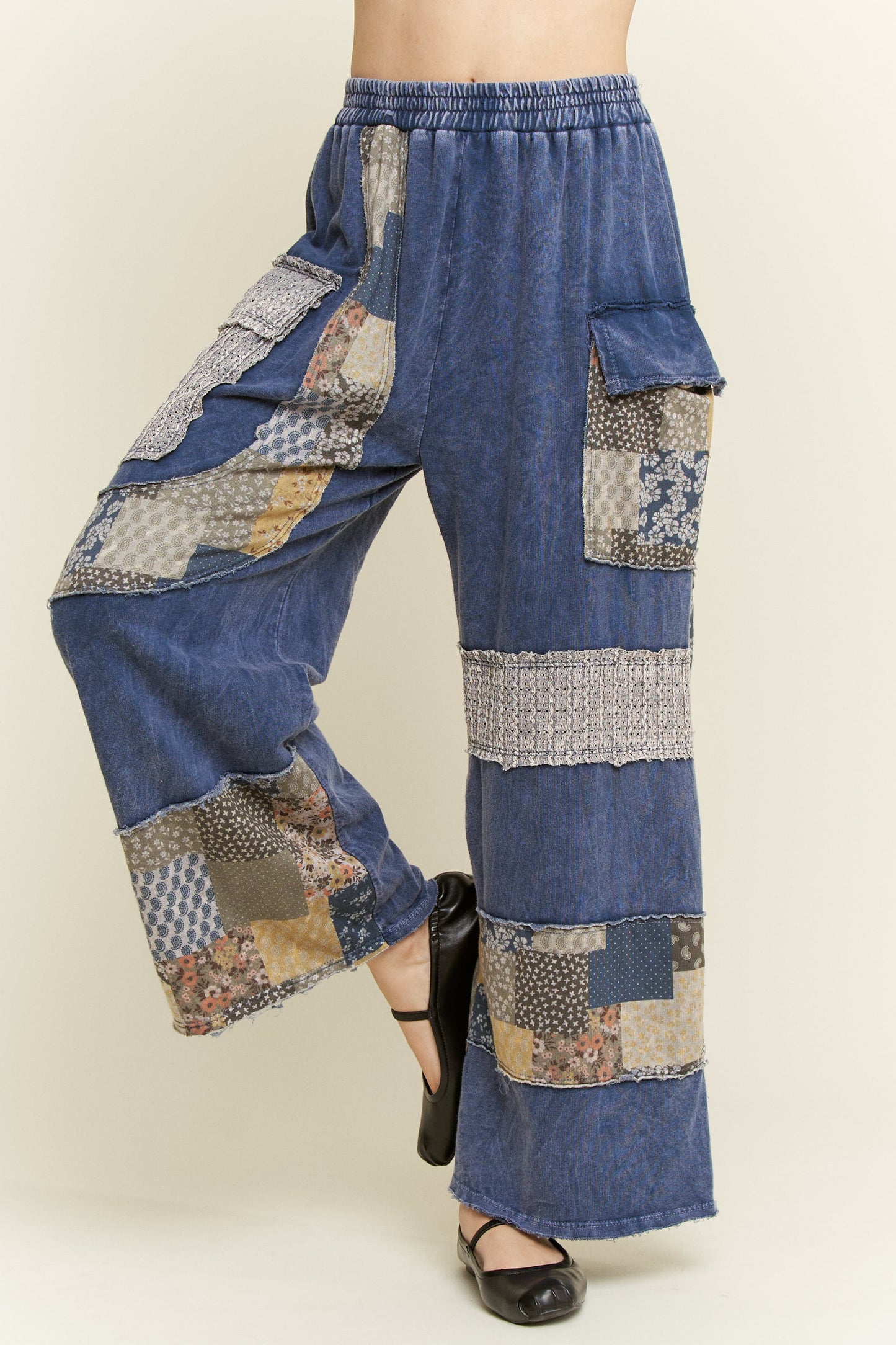 Mineral Washed Patchwork Lace Detail Wide Leg Pants