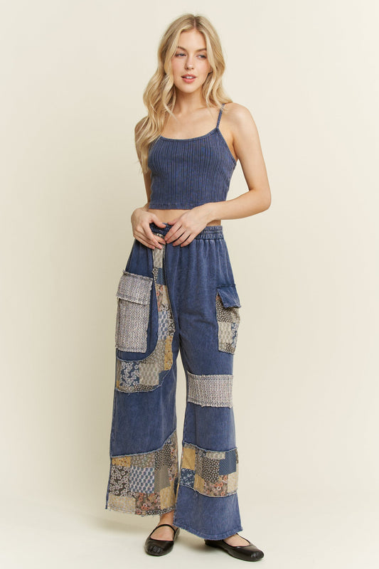Mineral Washed Patchwork Lace Detail Wide Leg Pants