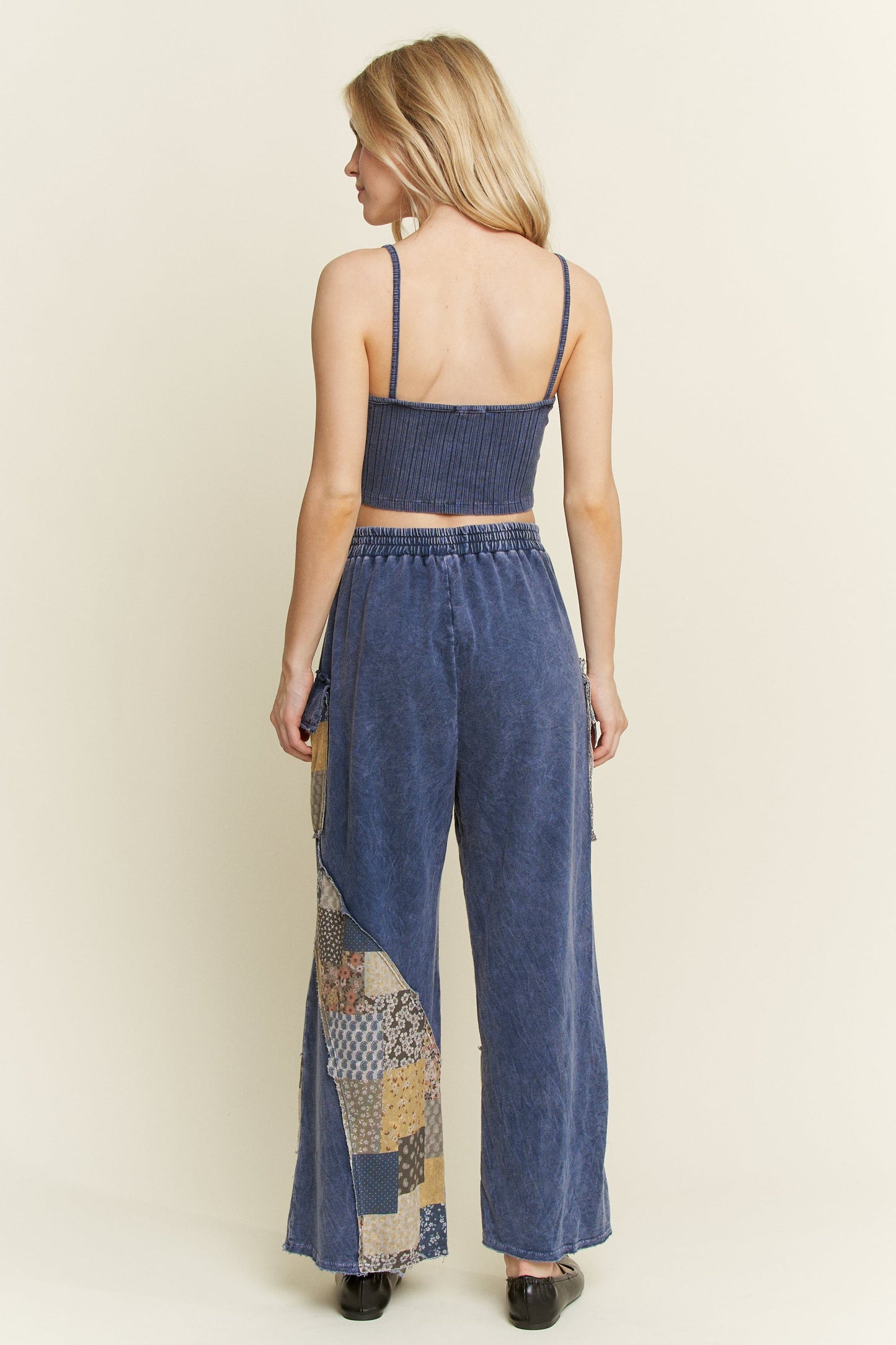 Mineral Washed Patchwork Lace Detail Wide Leg Pants