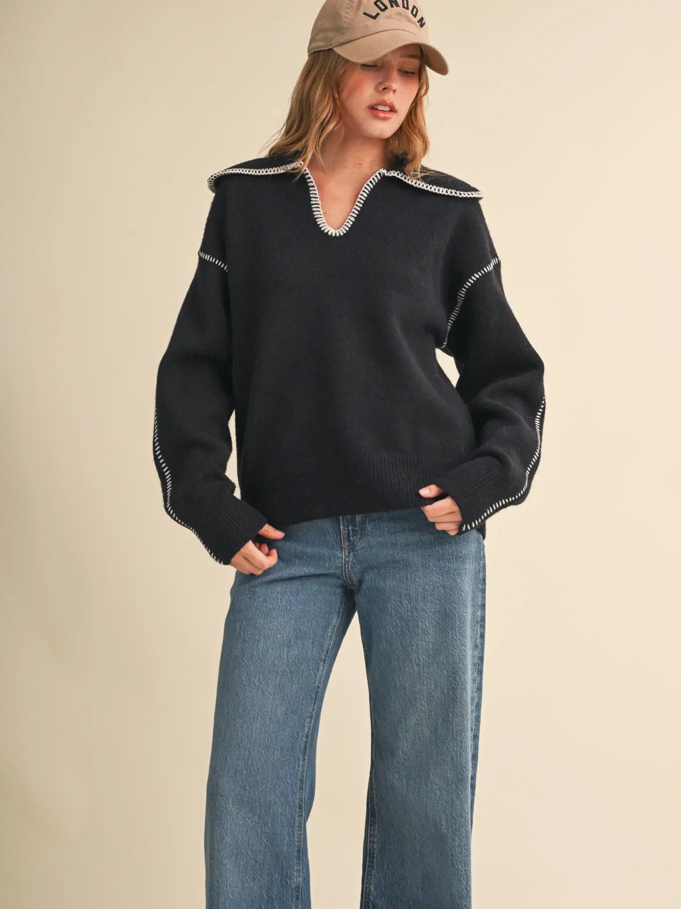 Contrast Blanket Stitch Collared Sweater