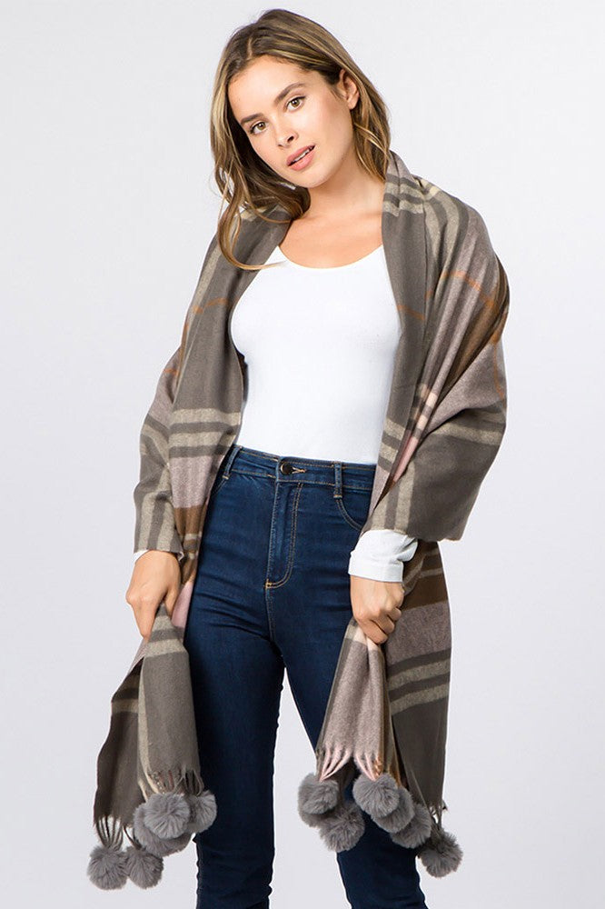 Faux Fur Pom Pom Tassel Plaid Scarf