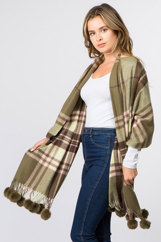 Faux Fur Pom Pom Tassel Plaid Scarf