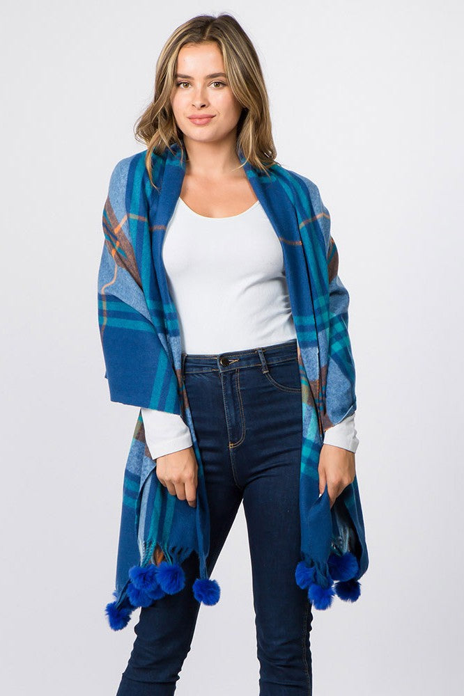 Faux Fur Pom Pom Tassel Plaid Scarf
