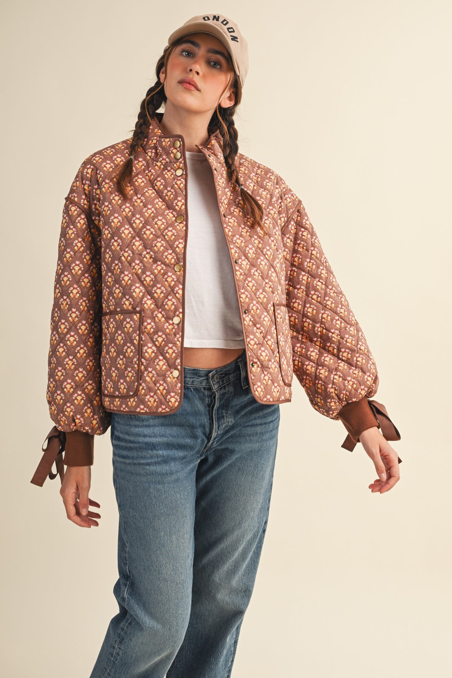 Floral Quilted Jacket w/ Ribbon Sleeve Detail