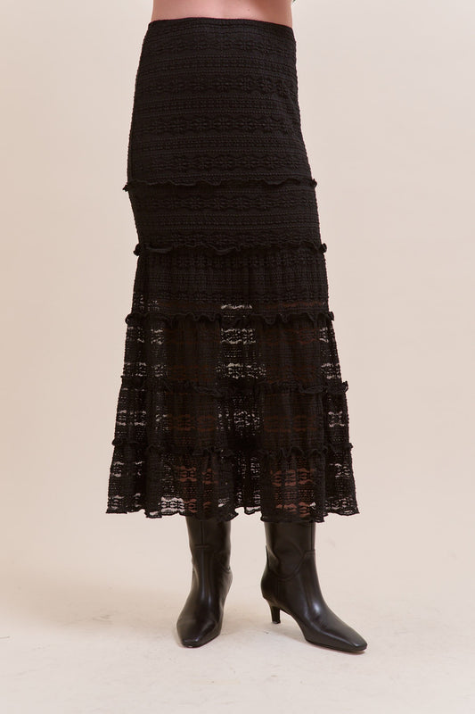 Lace Tiered Ruffle Trim Mermaid Midi Skirt