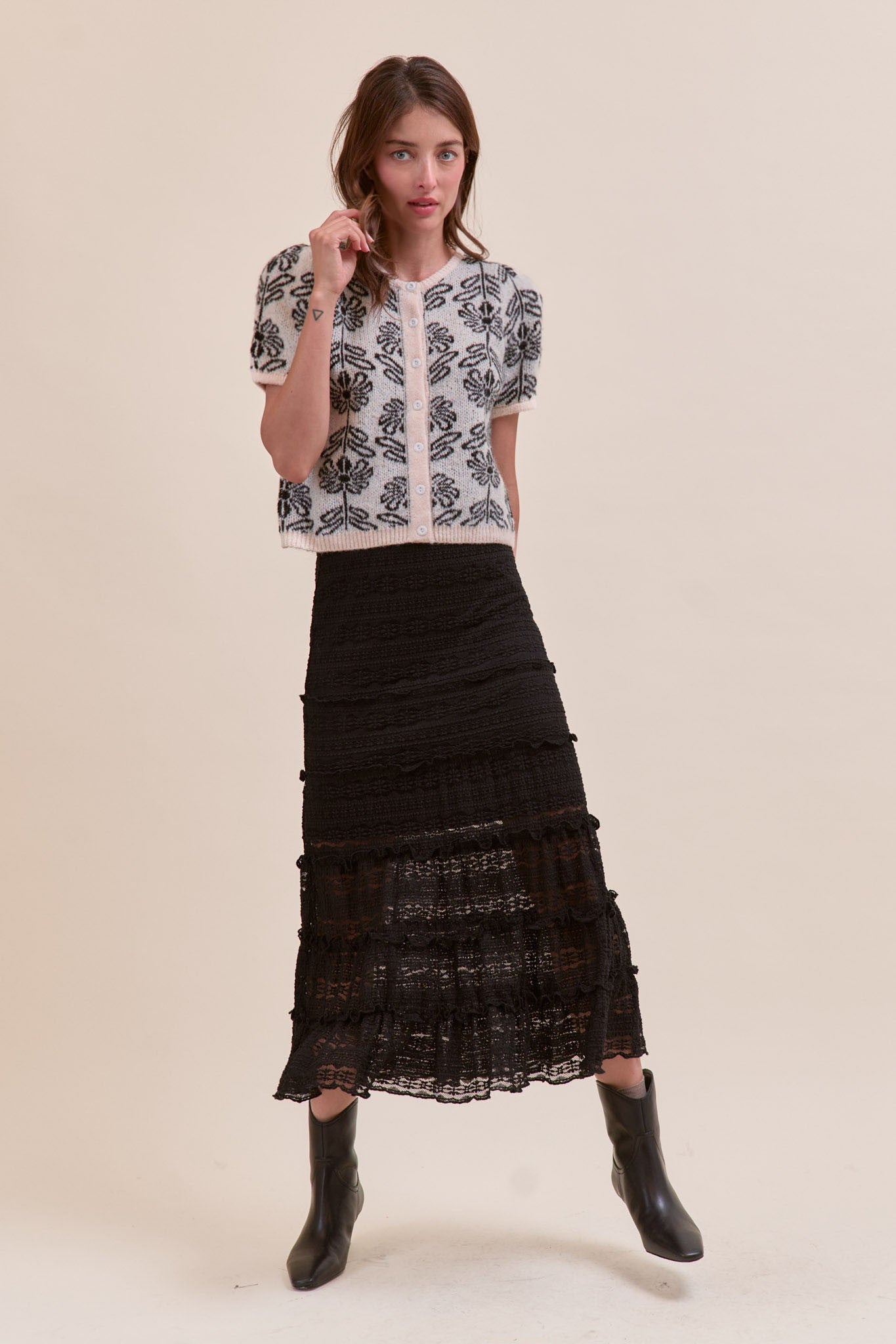 Lace Tiered Ruffle Trim Mermaid Midi Skirt