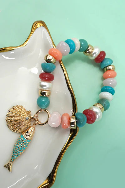 MULTI PEARL STONE MIX BEADED GOLD FISH BRACELETS