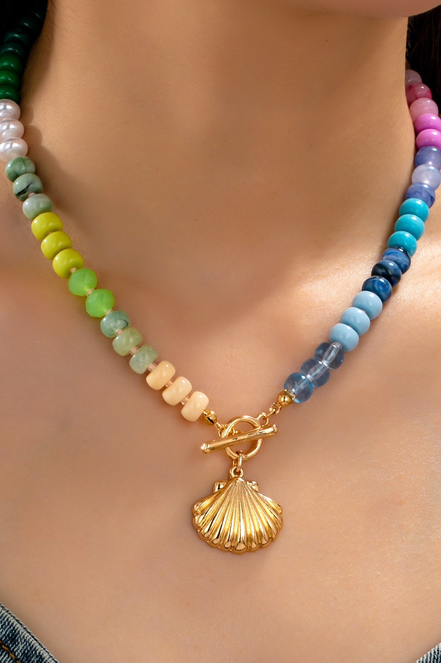 Rainbow Beaded Seashell Necklace