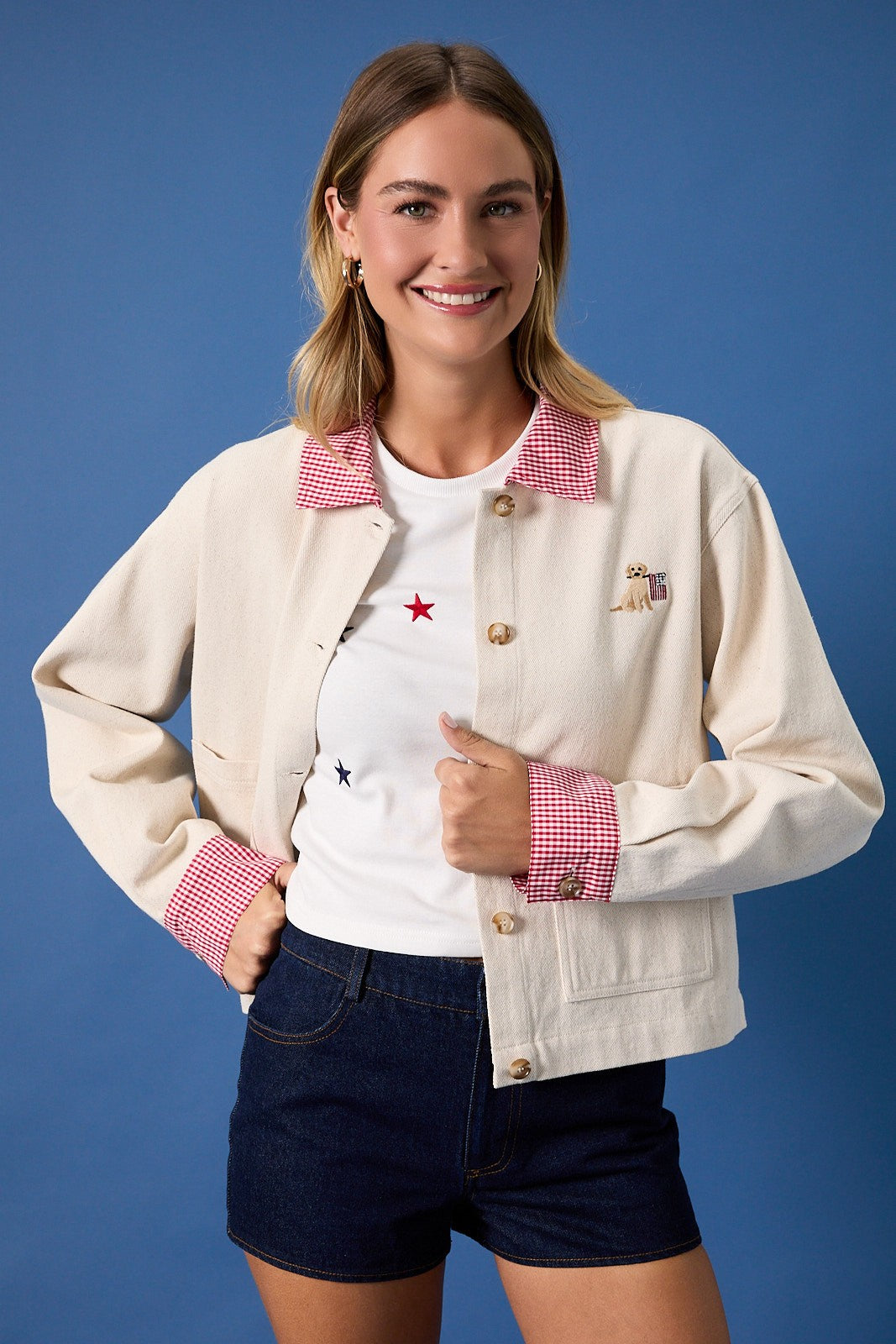 Denim Cropped Barn Jacket With Pockets And Dog Embroidery