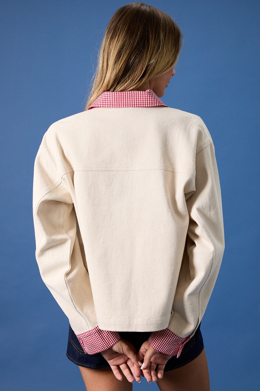 Denim Cropped Barn Jacket With Pockets And Dog Embroidery