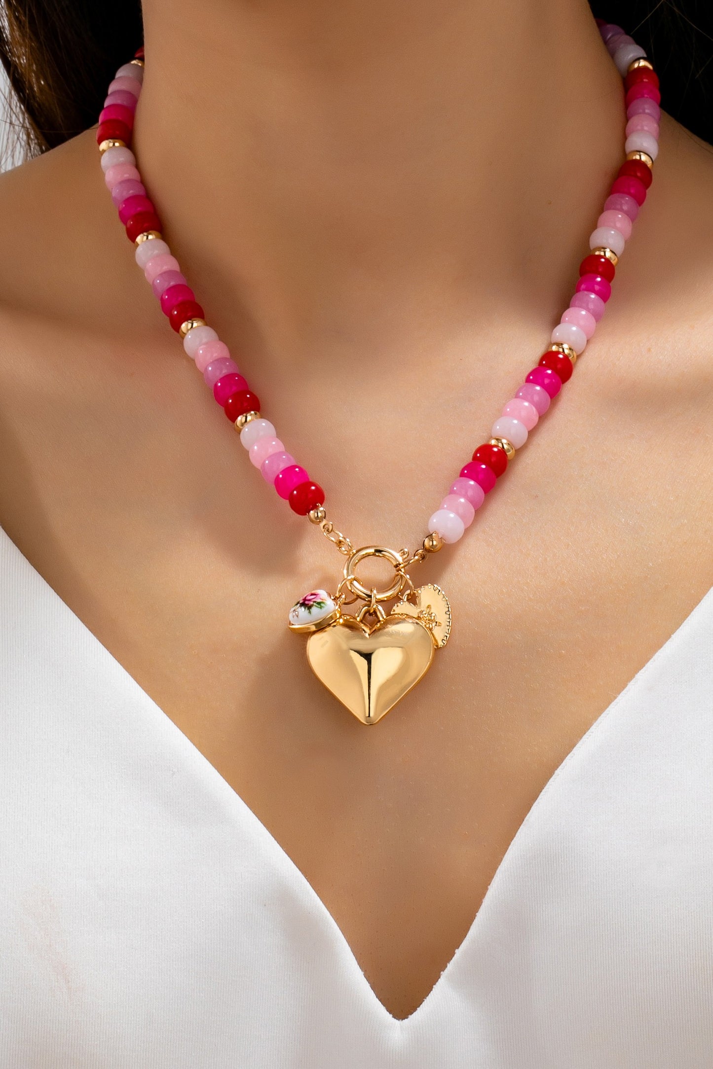 Sweetheart Beaded Porcelain Heart Charm Necklaces