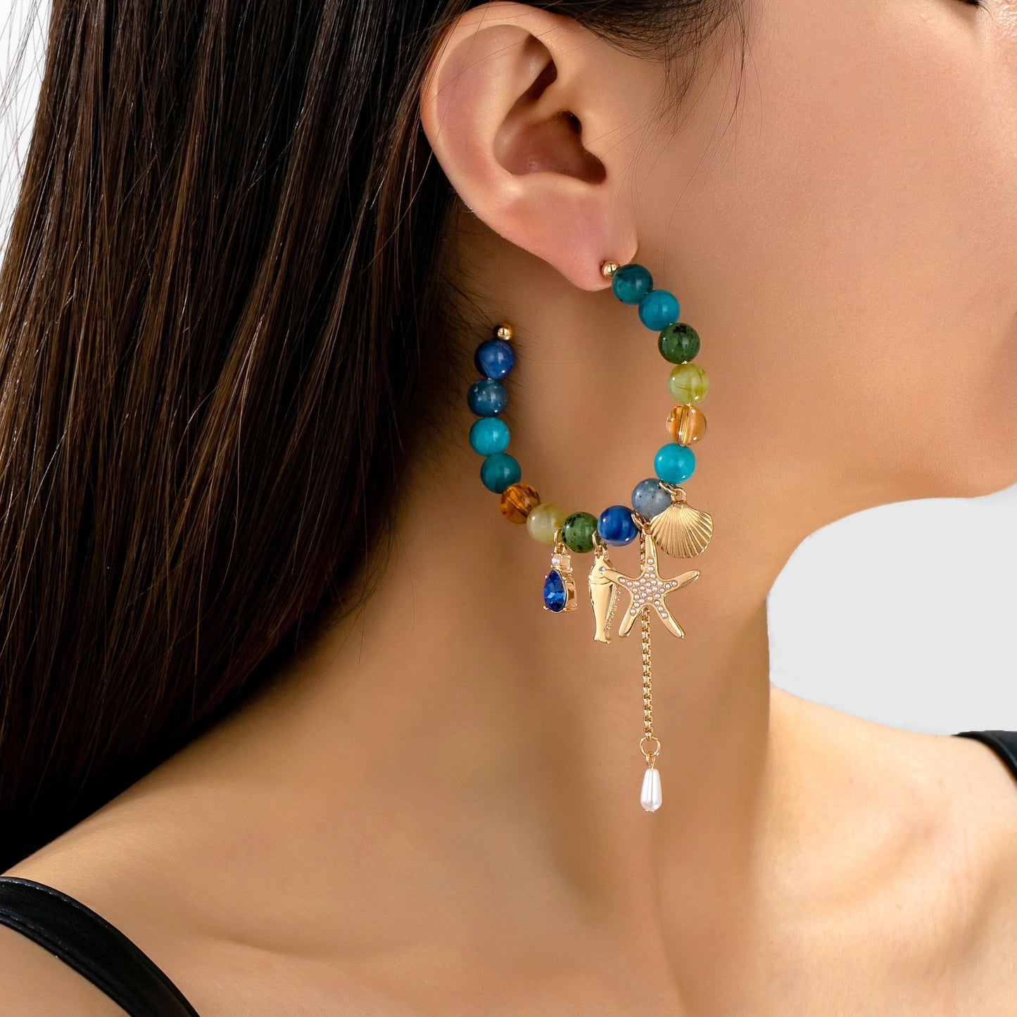Ocean-Inspired Beaded Charm Hoop Earrings