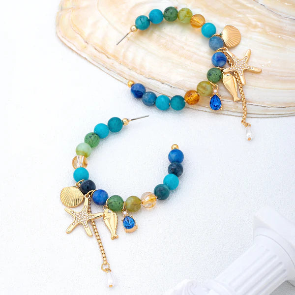 Ocean-Inspired Beaded Charm Hoop Earrings