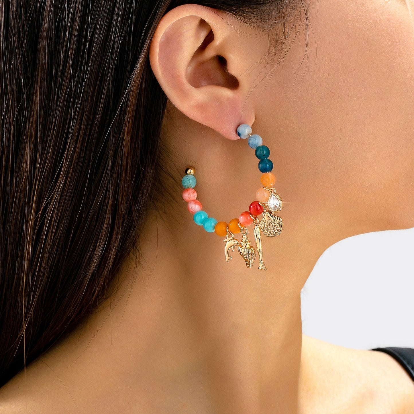 Nautical Multi-Charm Beaded Hoop Earrings