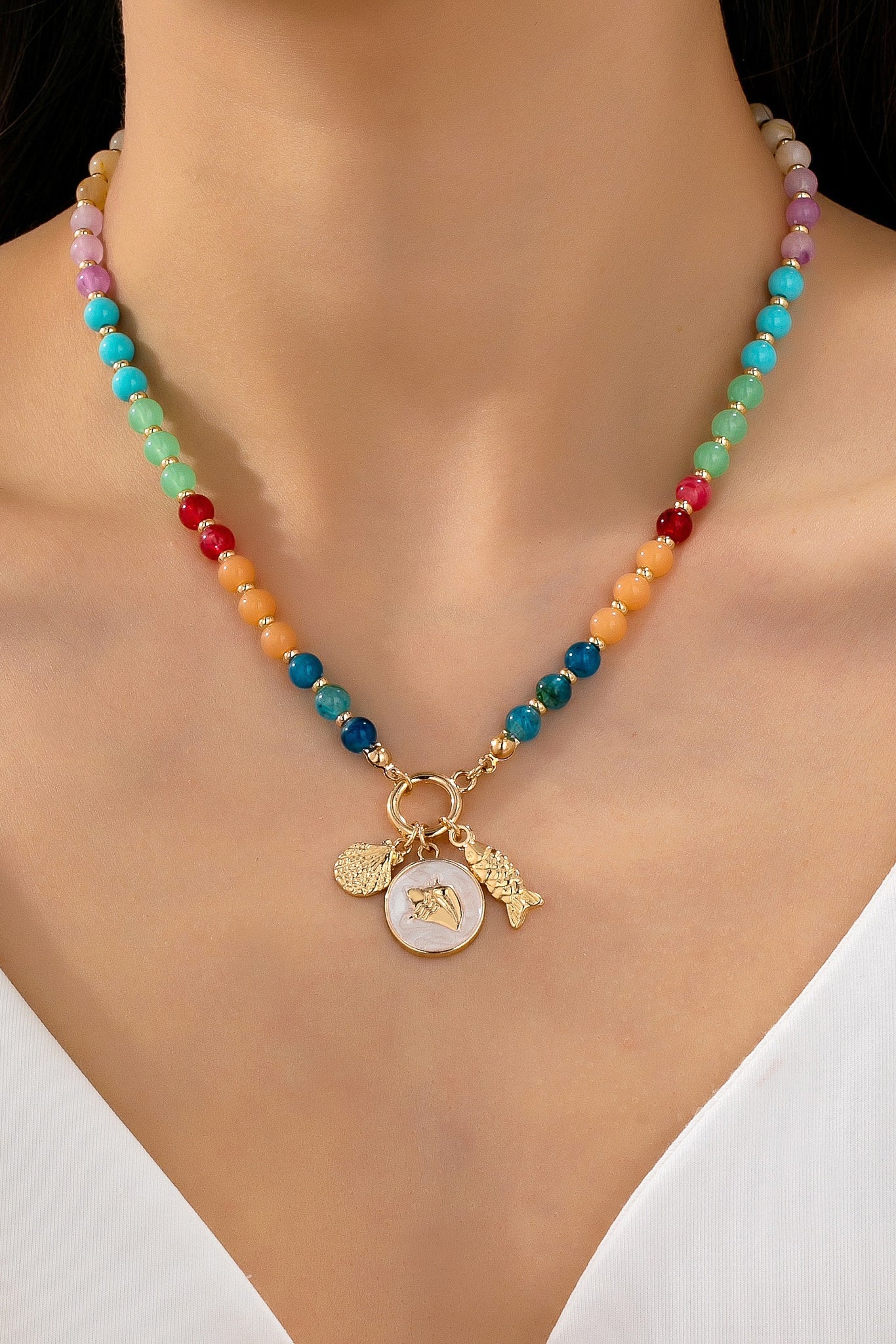Rainbow Beaded Nautical Charm Necklace