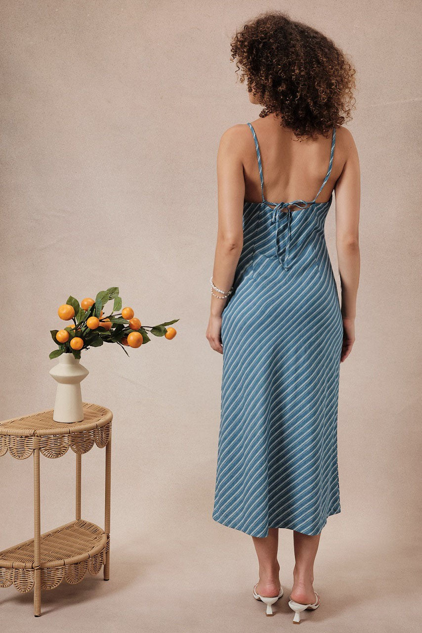 Sleeveless Bias Cut Lt Denim Stripe Midi Dress