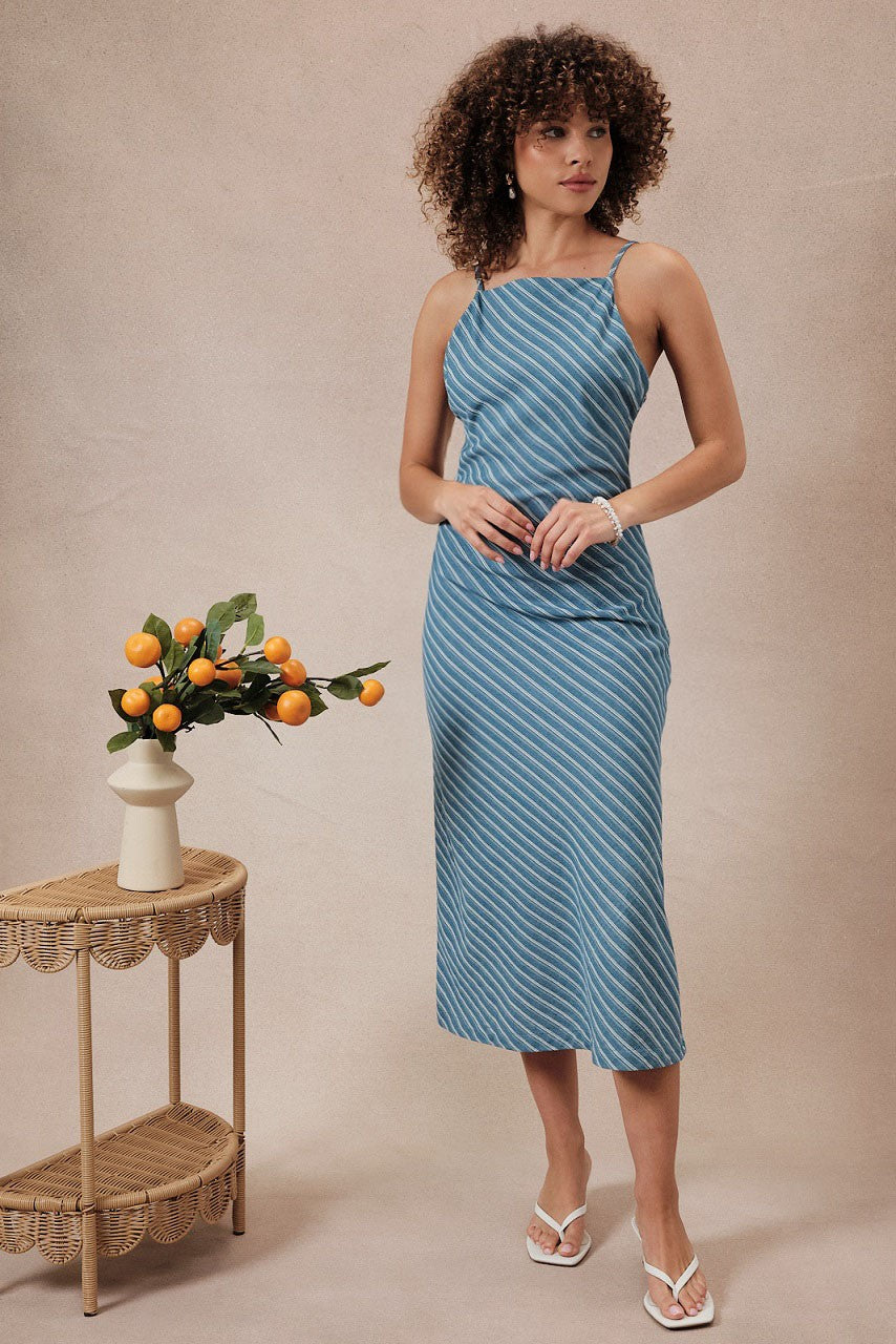 Sleeveless Bias Cut Lt Denim Stripe Midi Dress