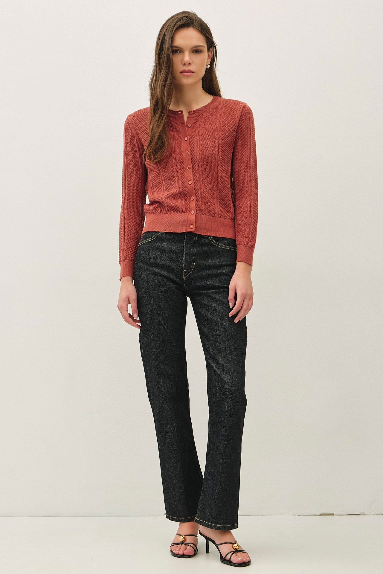 Pointelle Cropped Slim Cardigan