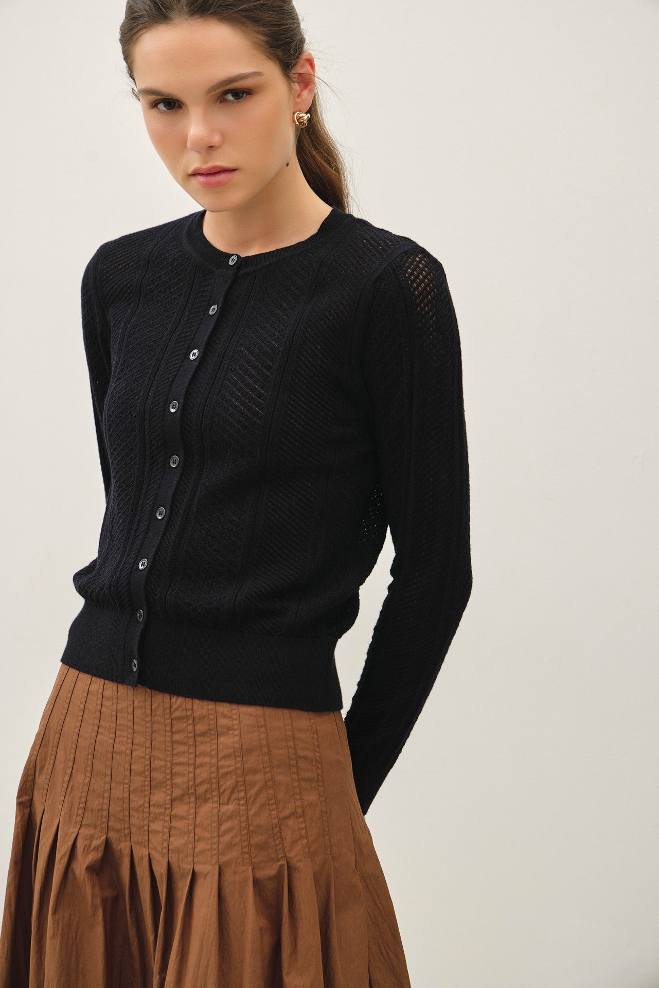 Pointelle Cropped Slim Cardigan