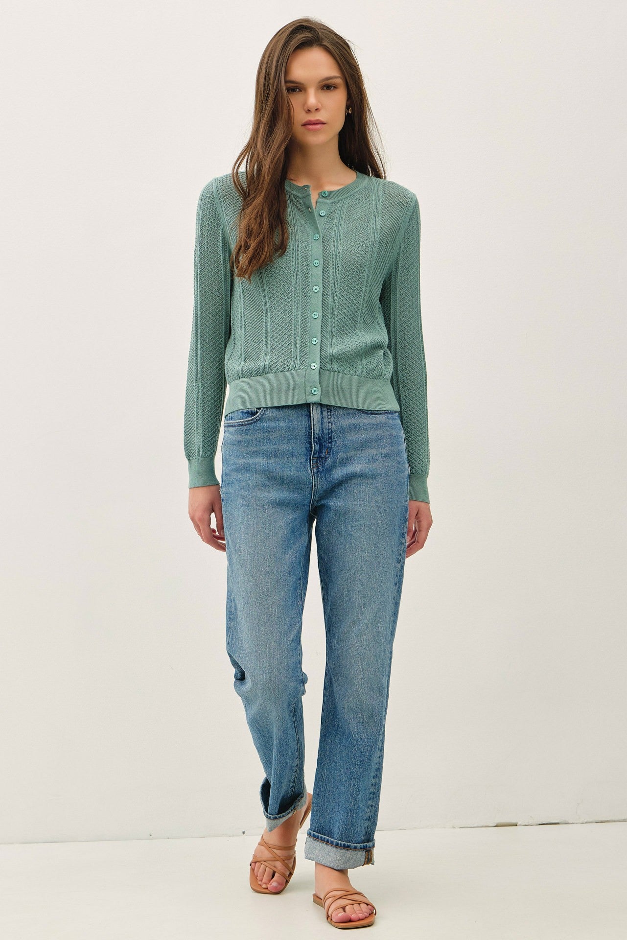 Pointelle Cropped Slim Cardigan