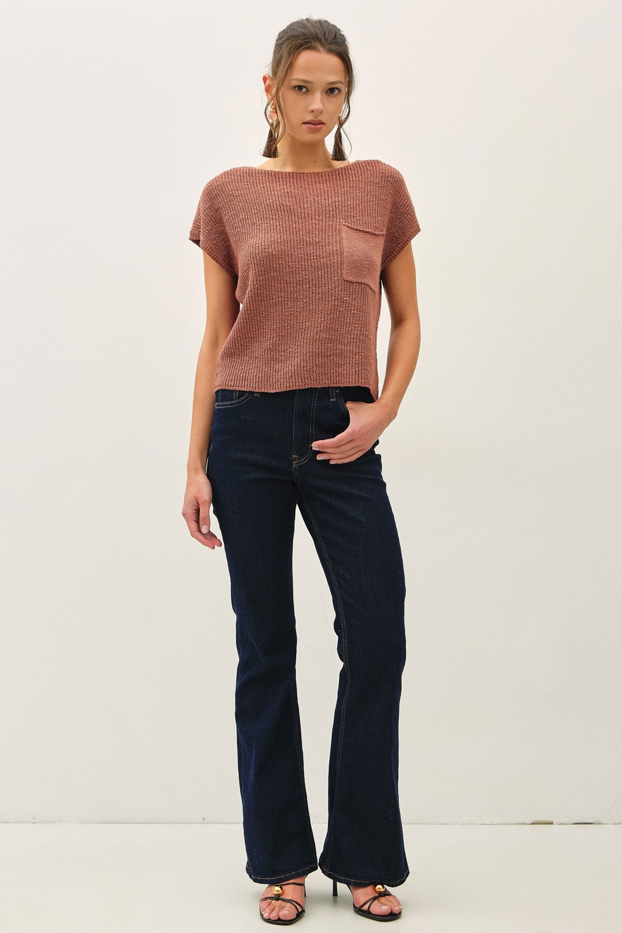 Boat Neck Dolman Cap Sleeve Boxy Knit Sweater Top with Patch Pocket