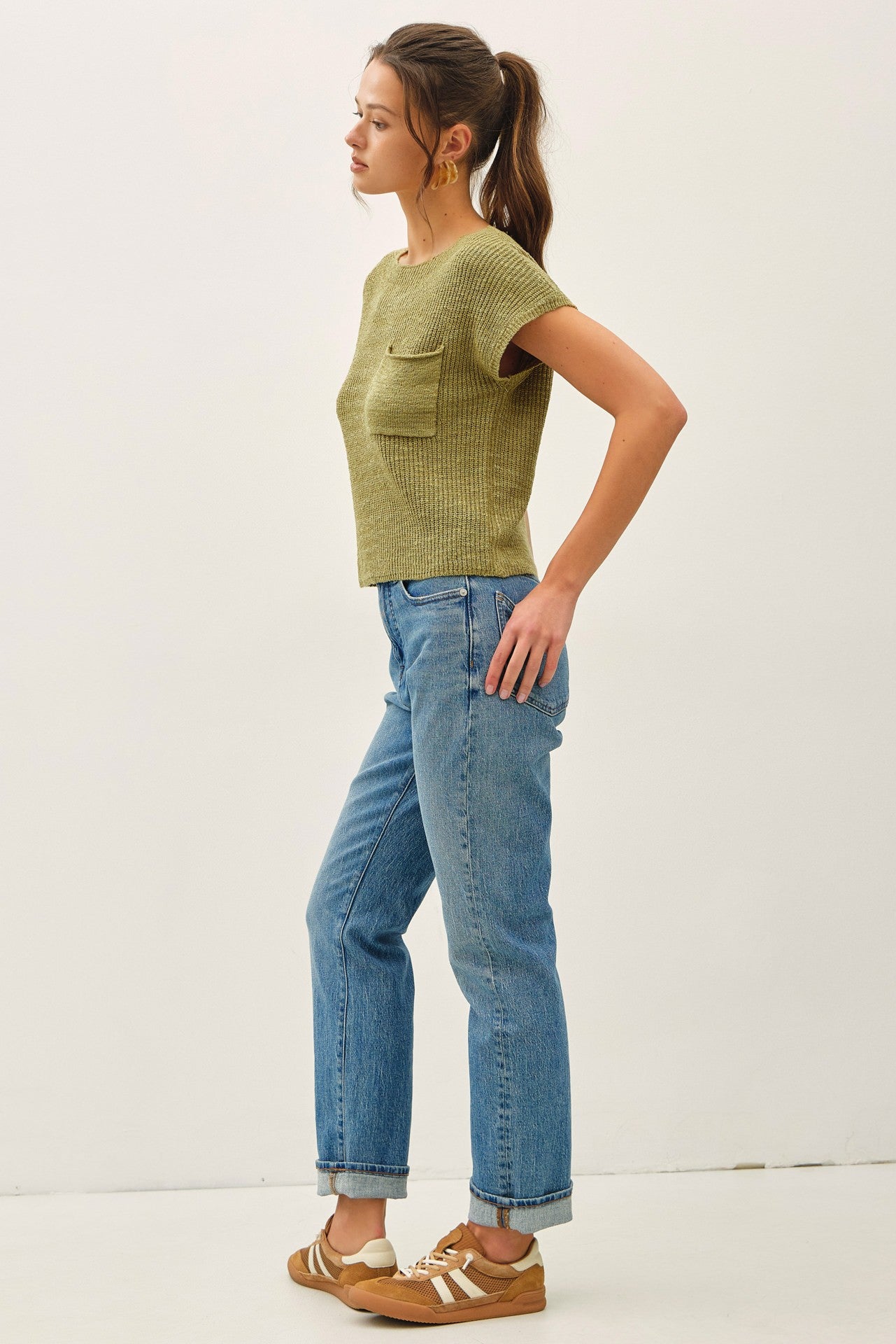 Boat Neck Dolman Cap Sleeve Boxy Knit Sweater Top with Patch Pocket